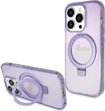 Mbështjellës Guess Ring Stand Script Glitter MagSafe për iPhone 15 Pro, vjollcë