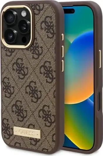 Mbështjellës Guess 4G Logo Plate MagSafe për iPhone 16 Pro, Kafe