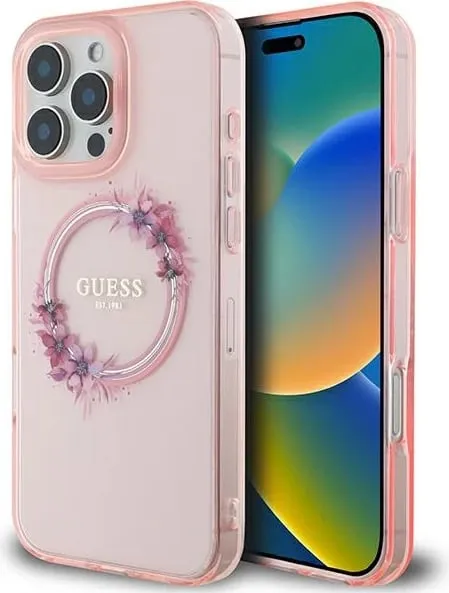 Mbështjellës Guess IML Flowers Wreath MagSafe për iPhone 16 Pro Max, Rozë - 1