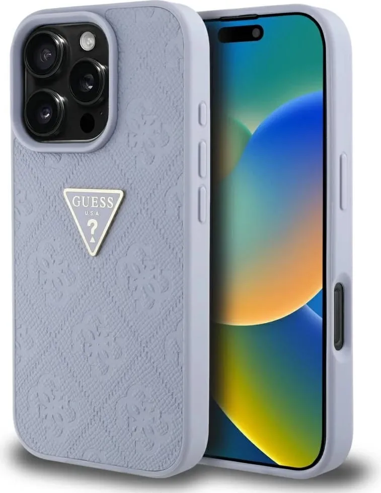 Mbështjellës Guess Hot Stamp 4G Pattern Triangle Metal Logo për iPhone 16 Pro Max, Vjollcë - 1