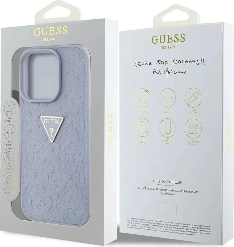 Mbështjellës Guess Hot Stamp 4G Pattern Triangle Metal Logo për iPhone 16 Pro Max, Vjollcë - 8