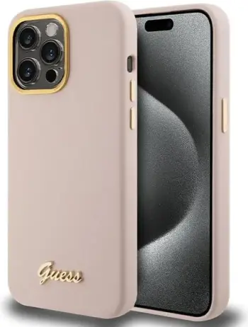 Mbështjellës Guess Silicone Script Metal Logo & Frame për iPhone 15 Pro, Rozë