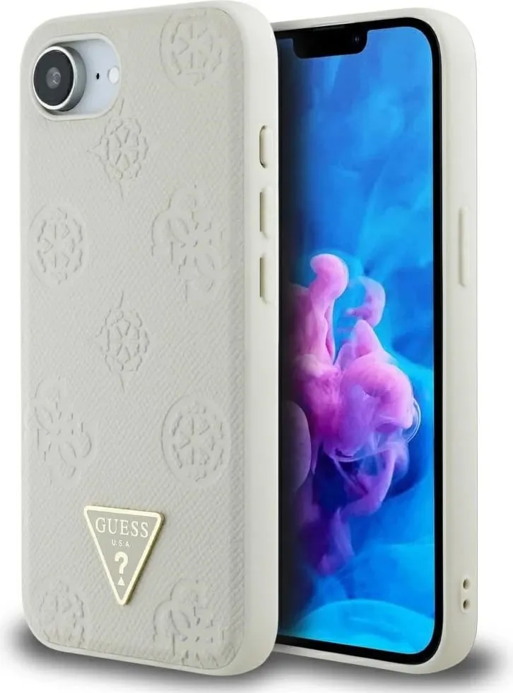 Mbështjellës Guess Grained Hot Stamp Peony Triangle Logo MagSafe për iPhone 16e, Bezhe - 1