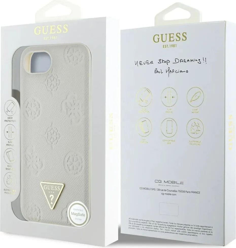 Mbështjellës Guess Grained Hot Stamp Peony Triangle Logo MagSafe për iPhone 16e, Bezhe - 8
