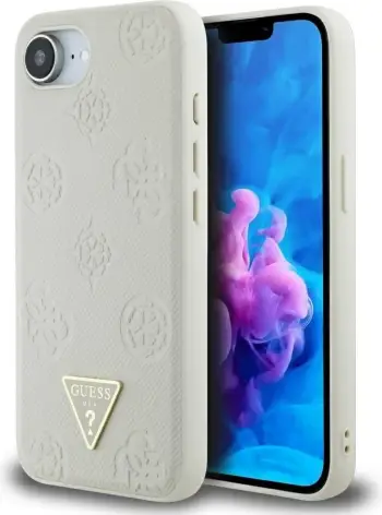 Mbështjellës Guess Grained Hot Stamp Peony Triangle Logo MagSafe për iPhone 16e, Bezhe