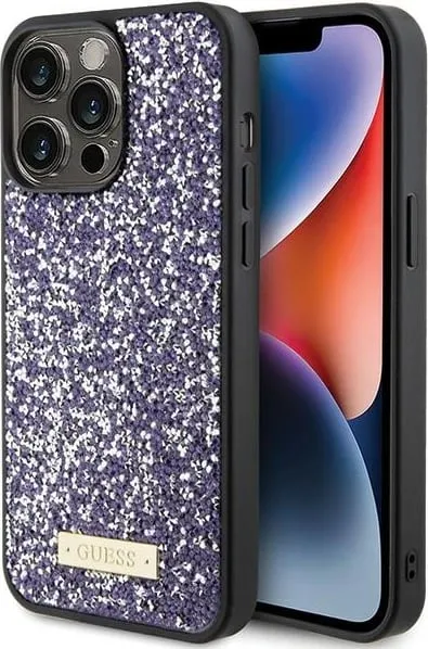 Mbështjellës Guess Rhinestone Metal Logo për iPhone 15 Pro, rozë - 1
