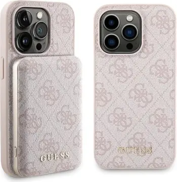 Mbështjellës Guess 4G Metal Logo me powerbank MagSafe 5000mAh për iPhone 15 Pro, Rozë, Set