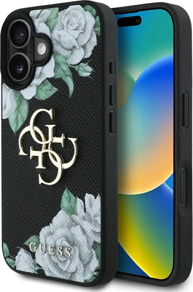 Mbështjellës Guess Grained Roses Big 4G logo për iPhone 16, i zi - 1
