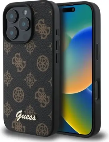 Mbështjellës Guess Peony Script MagSafe për iPhone 16 Pro Max, i zi