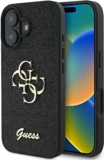 Mbështjellës Guess Fixed Glitter Big 4G për iPhone 16 Plus, zi