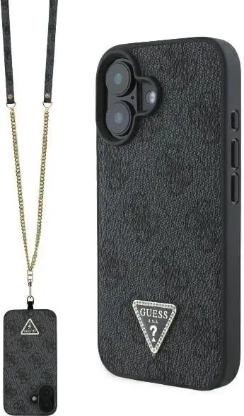 Mbështjellës Guess Crossbody 4G Metal Logo për iPhone 16, i zi, me rrip