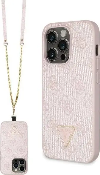 Mbrojtëse telefoni Guess Crossbody 4G Metal Logo për iPhone 14 Pro, TPU dhe lëkurë ekologjike, rozë