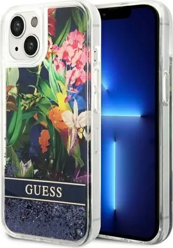 Mbështjellës Guess Flower Liquid Glitter për iPhone 14, 6.1", Kaltër, hardcase