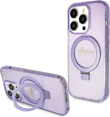Mbështjellës Guess Ring Stand Script Glitter MagSafe për iPhone 13 Pro Max, vjollcë