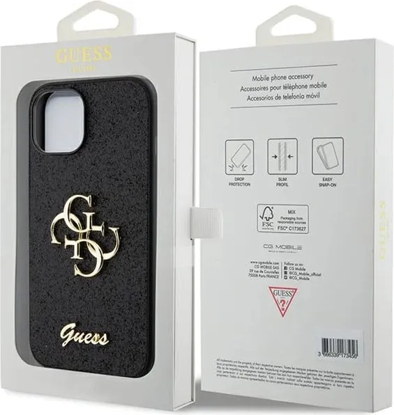 Mbështjellës Guess Glitter Script Big 4G për iPhone 15, i zi - 3