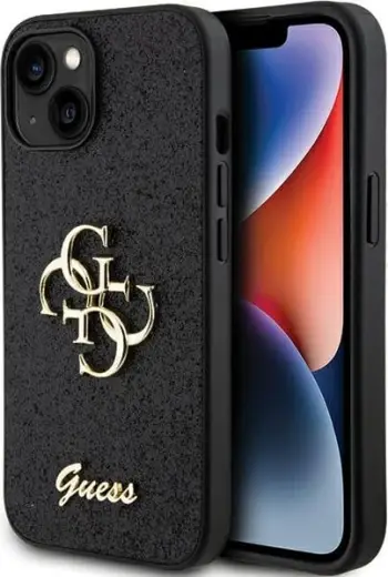 Mbështjellës Guess Glitter Script Big 4G për iPhone 15, i zi