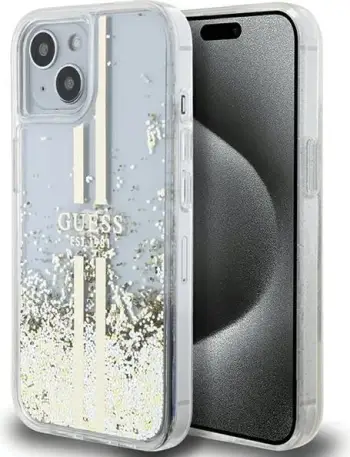 Mbështjellës Guess Liquid Glitter Gold Stripes për iPhone 15 Plus / 14 Plus, Transparent