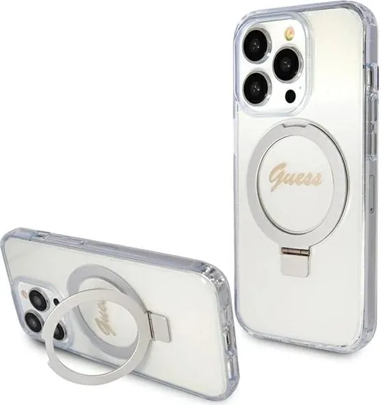 Mbështjellës Guess Ring Stand Script Glitter MagSafe për iPhone 15 Pro, Transparent - 1