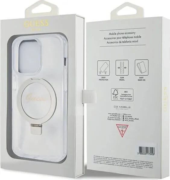 Mbështjellës Guess Ring Stand Script Glitter MagSafe për iPhone 15 Pro, Transparent - 2