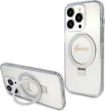 Mbështjellës Guess Ring Stand Script Glitter MagSafe për iPhone 15 Pro, Transparent