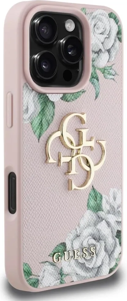 Mbështjellës Guess Grained Roses Big 4G logo për iPhone 16 Pro, Rozë - 4