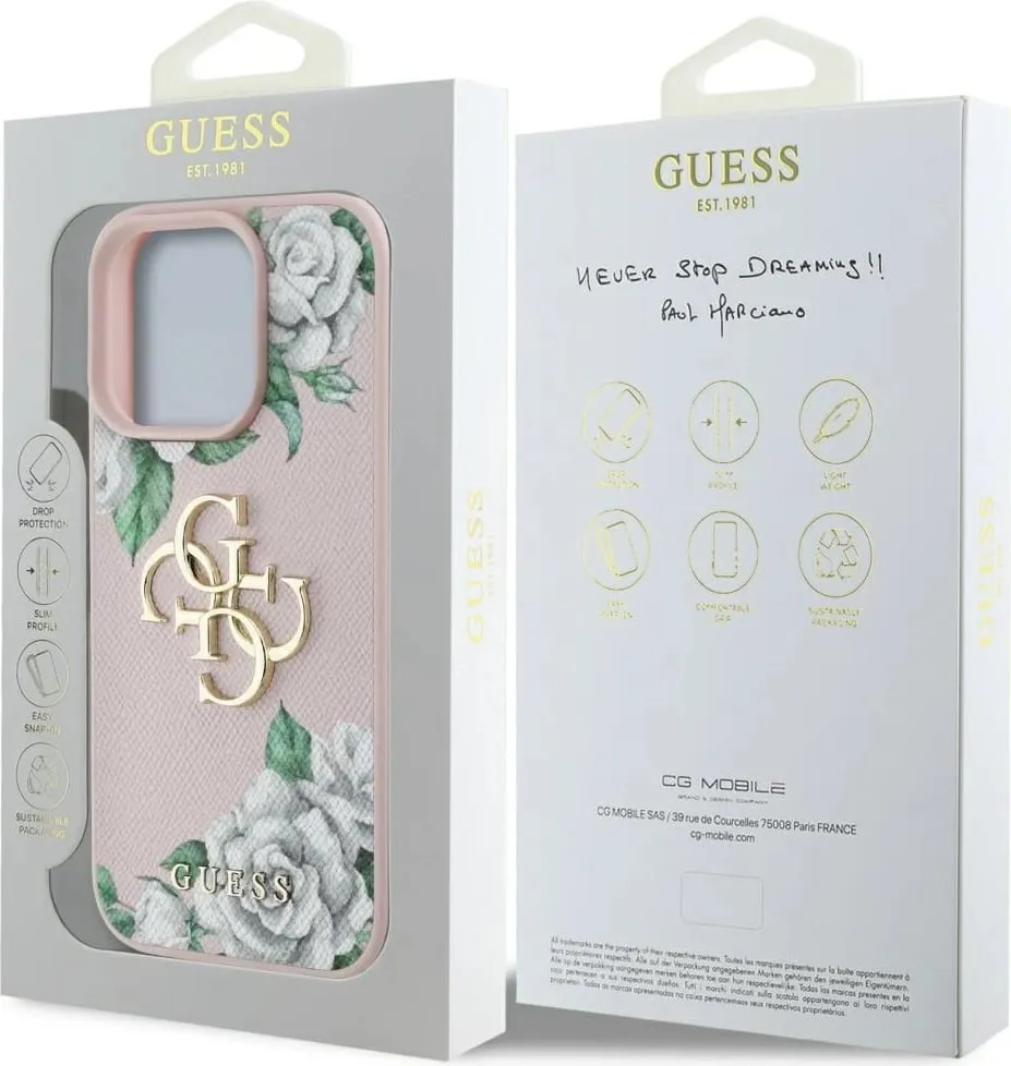 Mbështjellës Guess Grained Roses Big 4G logo për iPhone 16 Pro, Rozë - 8