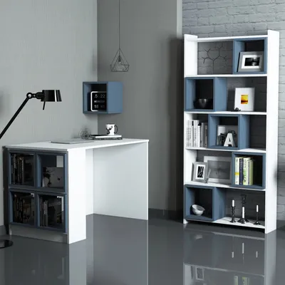 Tavolinë Studimi me Librari Box, bardhë, kaltër - 2