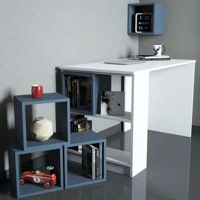 Tavolinë Studimi me Librari Box, bardhë, kaltër - 3