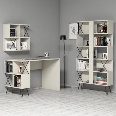 Tavolinë Studimi me Librari Extra 2, krem, zezë - 2