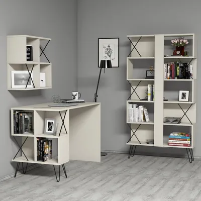Tavolinë Studimi me Librari Extra 2, krem, zezë - 3
