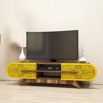Komodinë për TV Defne, arrë, verdhë - 2