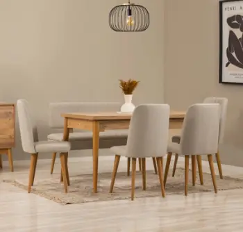 Set tavolinë me karrige për ngrënie, zgjatshëm, 6 copë, Hanah Home, Vina - ngjyrë pishë Atlantike, krem