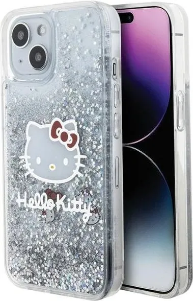 Kapak telefoni Hello Kitty për iPhone 15, glitter i lëngshëm, transparent, shumëngjyrësh - 1