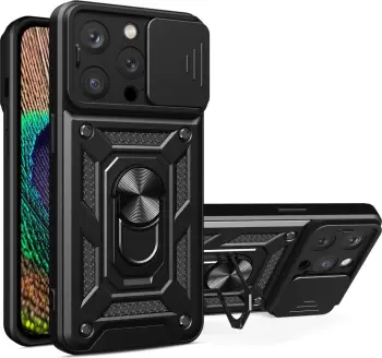 Mbështjellës Hurtel Hybrid Armor Camshield për iPhone 14 Pro, me kapak kamere, unazë metalike, i zi