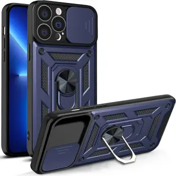 Mbështjellës Hurtel Hybrid Armor Camshield për iPhone 13 Pro, me kapak kamere, me unazë metalike, Blu