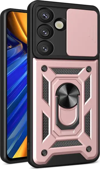Mbështjellës Hurtel Hybrid Armor Camshield me kapak kamere dhe unazë metalike për Samsung Galaxy S25, Rozë