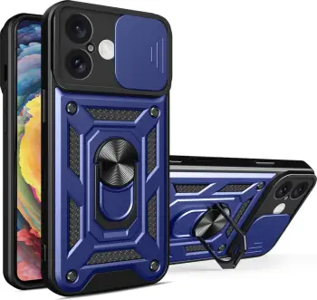 Mbështjellës Hurtel Hybrid Armor Camshield për iPhone 16 Plus, me mbulesë kamere dhe stand, Kaltër