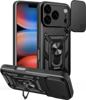 Mbështjellës Hurtel Hybrid Armor Camshield për iPhone 17 Pro, me qëndrim dhe kapak kamere, i zi
