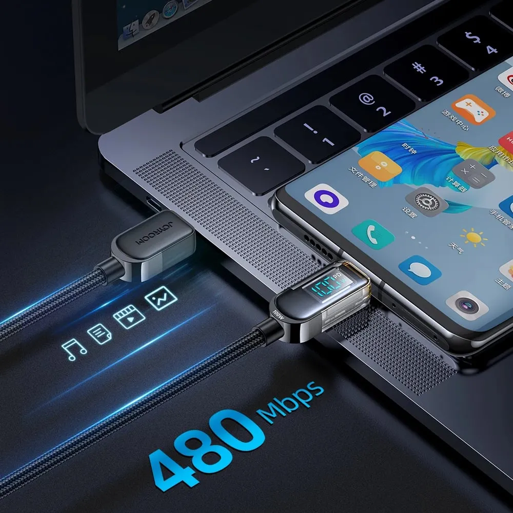 Kabllo USB-C/USB-C Joyroom A4 S-CC100A4 me ekran LED, 1.2m, 100W, e zezë - 7