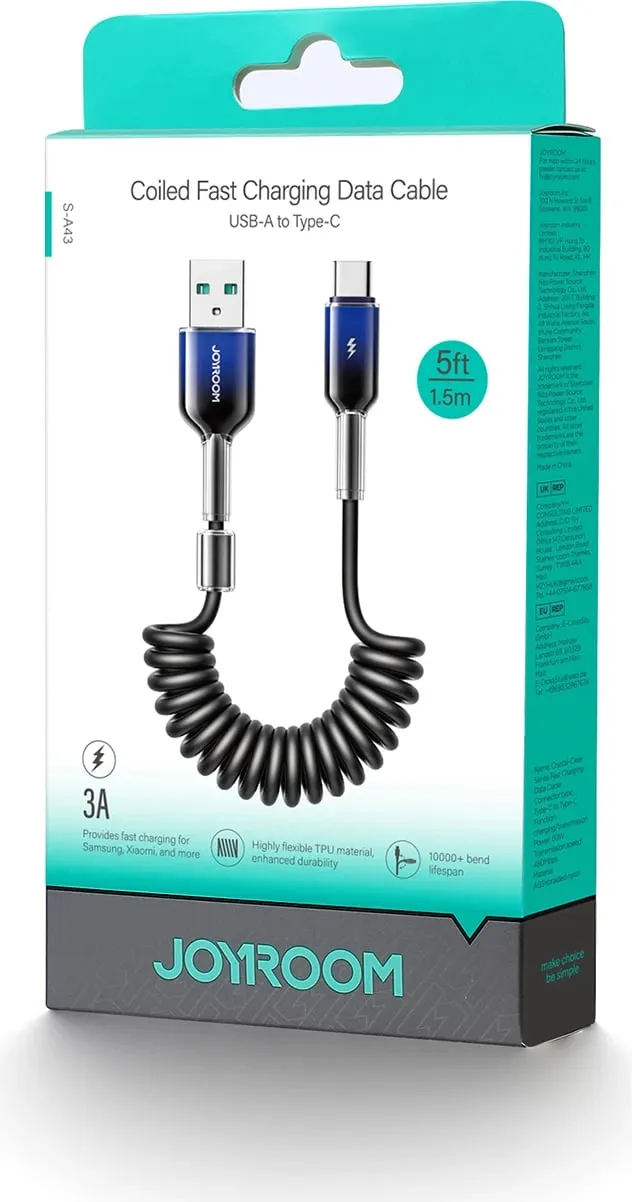 Kabllo spiral USB-A në USB-C Joyroom S-A43 Crystal-Clear Series, 1.5m, 3A, e zezë - 2