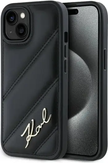 Mbështjellës Karl Lagerfeld Diagonal Quilted Script për iPhone 13, i zi