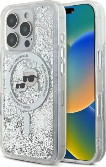 Mbështjellës Karl Lagerfeld Liquid Glitter Karl & Choupette Head MagSafe për iPhone 16 Pro, Transparent