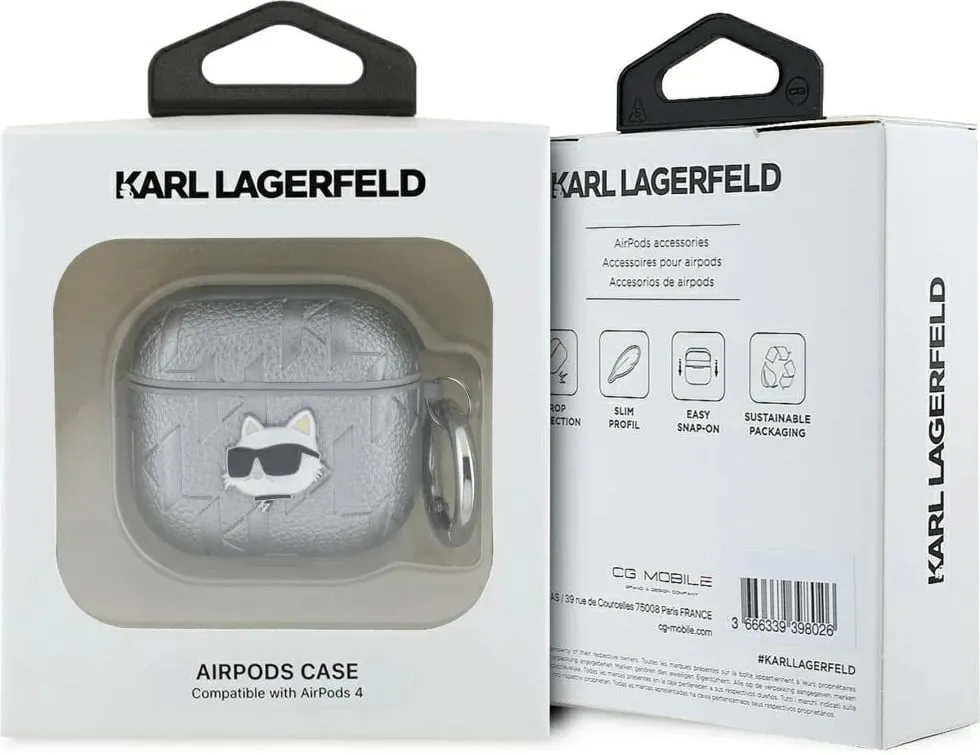 Mbështjellës Karl Lagerfeld Monogram Choupette Head për AirPods 4, argjendtë - 3