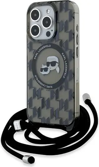 Mbështjellës Karl Lagerfeld IML Crossbody Monogram Karl & Choupette Head MagSafe për iPhone 15 Pro, Zi