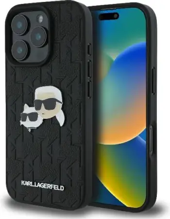 Mbështjellës Karl Lagerfeld Monogram Karl & Choupette Head Pin për iPhone 16 Pro, i zi