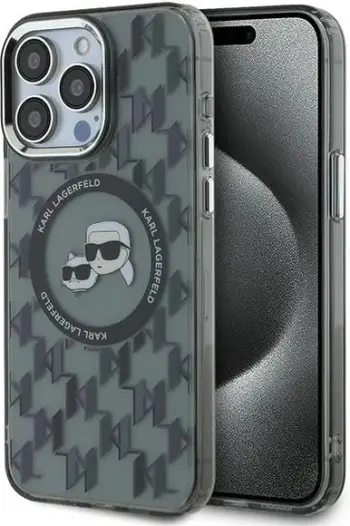 Mbështjellës Karl Lagerfeld IML Monogram Karl & Choupette Head MagSafe për iPhone 15 Pro, Zi