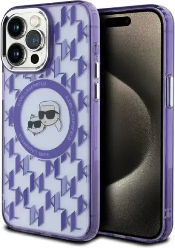 Mbështjellës Karl Lagerfeld IML Monogram Karl & Choupette Head MagSafe për iPhone 15 Pro Max, vjollcë