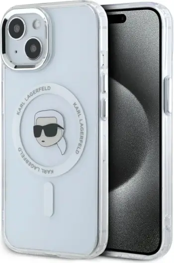 Mbështjellës Karl Lagerfeld IML Metal Karl Head MagSafe për iPhone 15 Plus, Bardhë