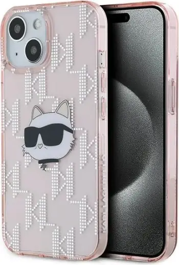 Mbështjellës Karl Lagerfeld IML Choupette Head & Monogram për iPhone 15/14/13, Rozë