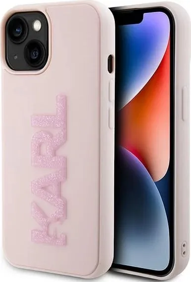 Mbështjellës Karl Lagerfeld 3D Rubber Glitter Logo për iPhone 15, Rozë - 1